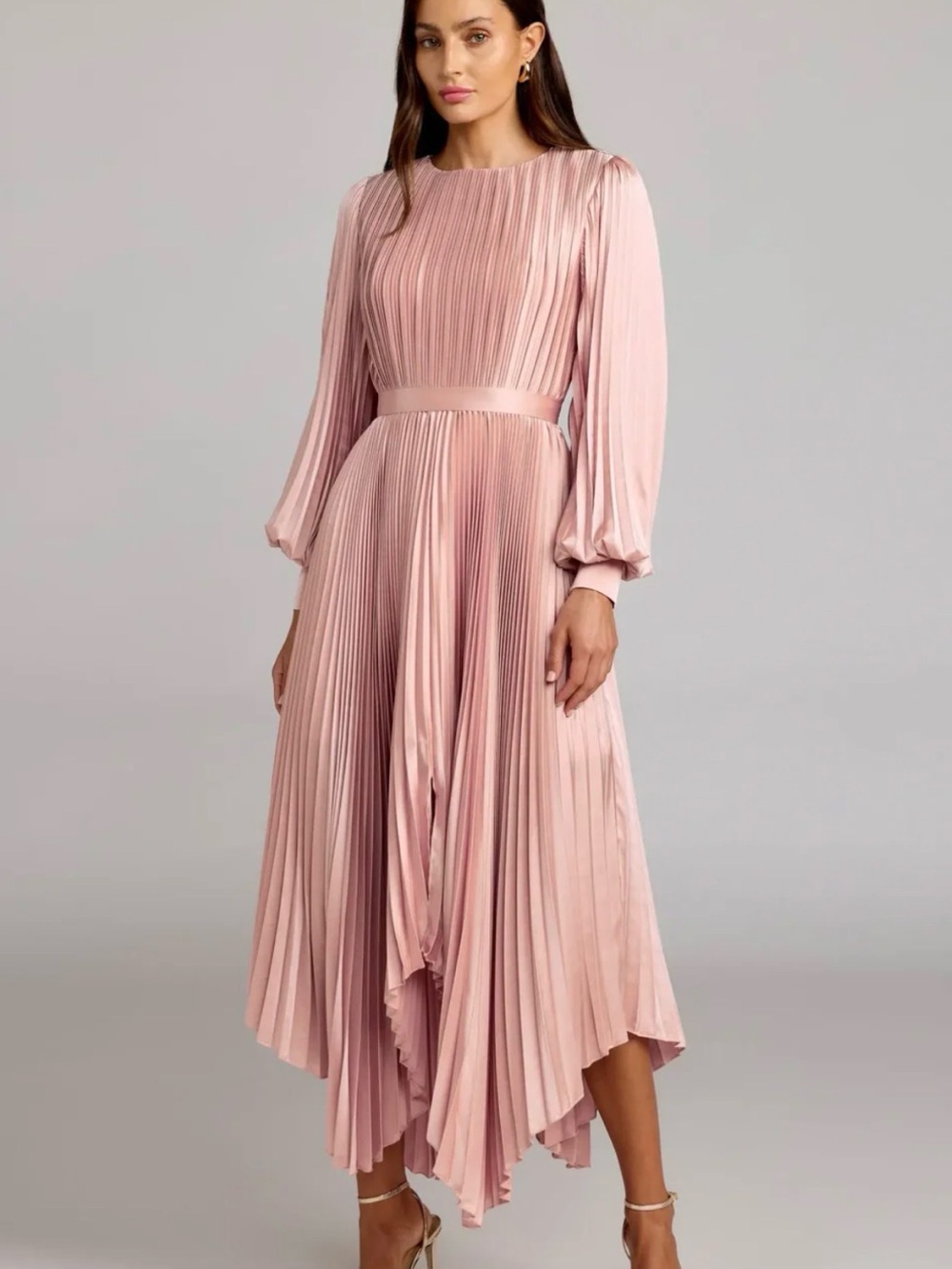 Mac Duggal Dusty Rose Pleated High-Low Midi Dress